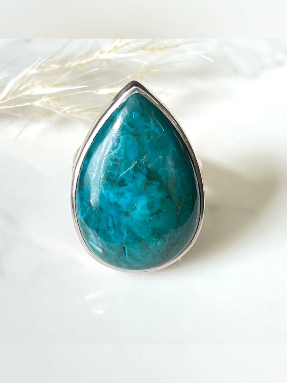 Natural Chrysocolla ring in 925 Sterling Silver large tear drop ring US: 6
